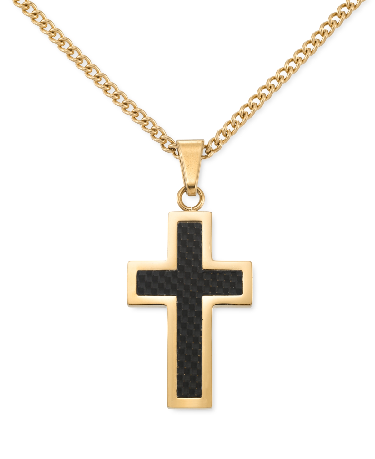 Smith Black Carbon Fiber Cross 24" Pendant Necklace in Gold-Tone Ion-Plated Stainless Steel - Black