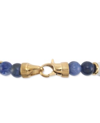 Lapis Lazuli & White Agate Bead Stretch Bracelet in Gold-Tone Ion-Plated Stainless Steel