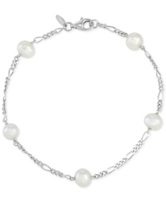 Macy's - Cultured Freshwater Potato Pearl (6 - 6-1/2mm) Station Figaro Link Bracelet in Sterling Silver