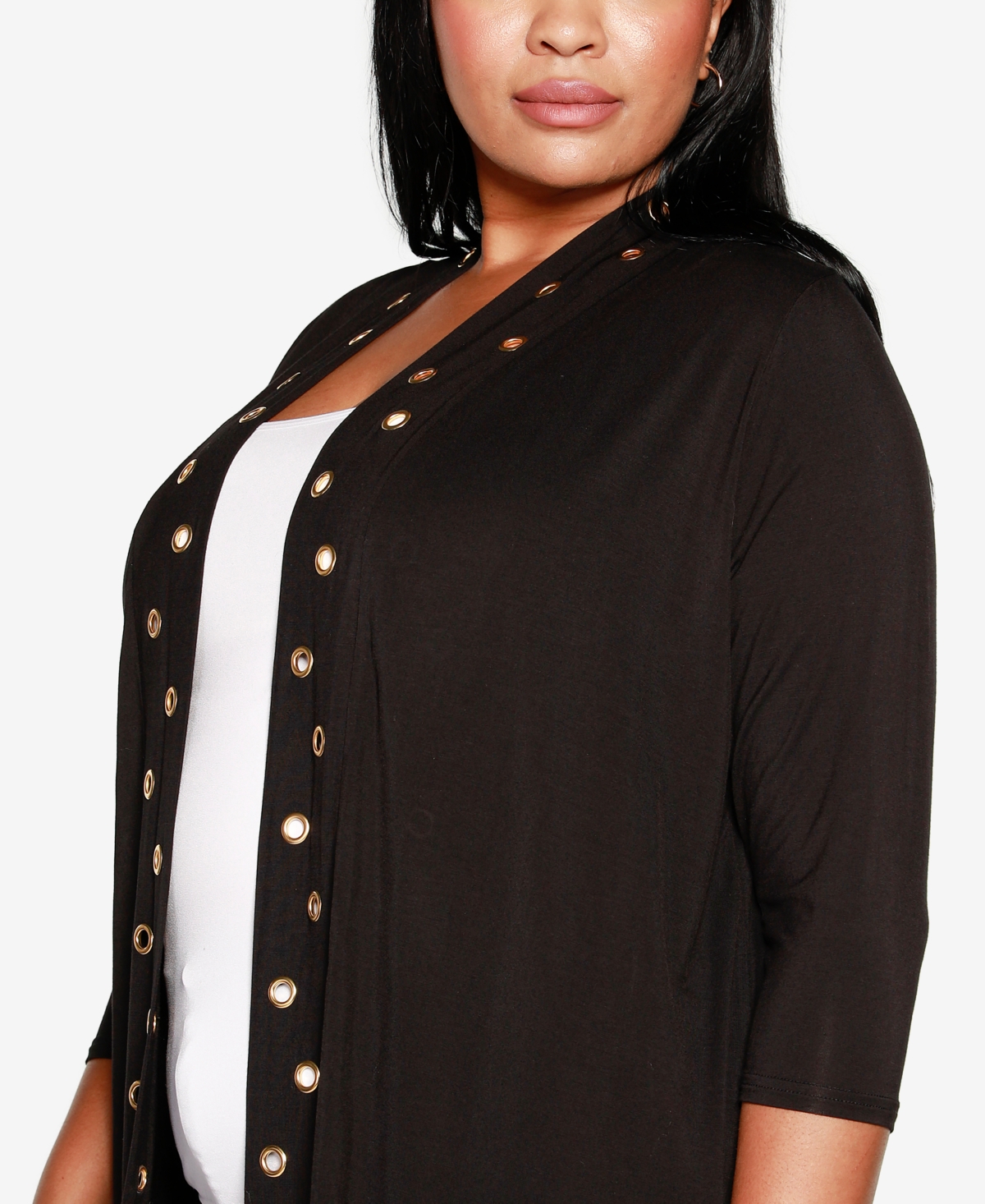 Shop Belldini Plus Size Grommet-trim Duster Cardigan Sweater In Black,gold
