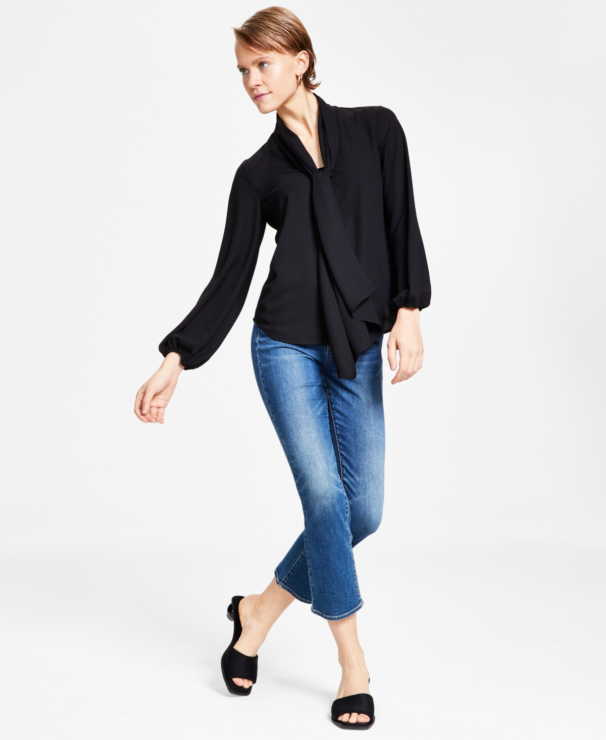 Women's Tie Neck Cinched Sleeve Blouse, Created for Macy's - Black