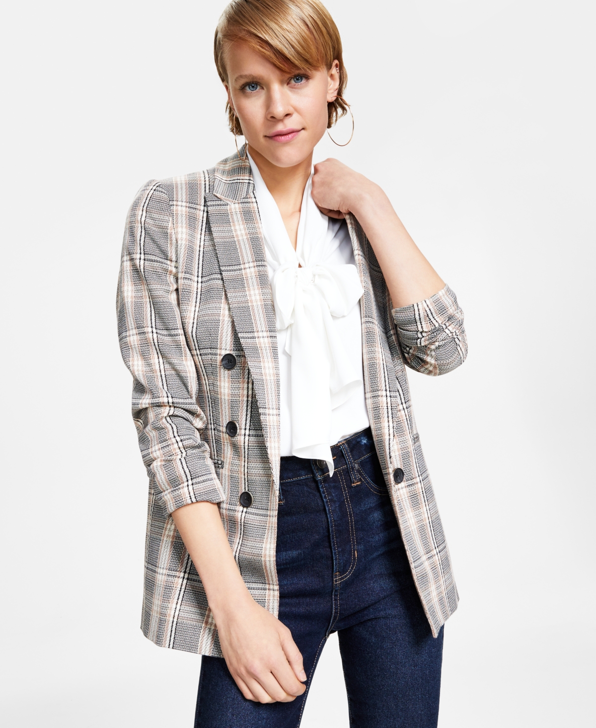 Bar Iii Women's Plaid Open-front Faux-double-breasted Blazer, Created For Macy's In Barley Field Multi
