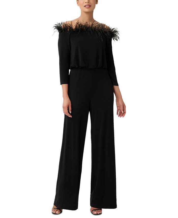 Adrianna Papell Women's Feather-Trim Wide-Leg Jumpsuit - Macy's