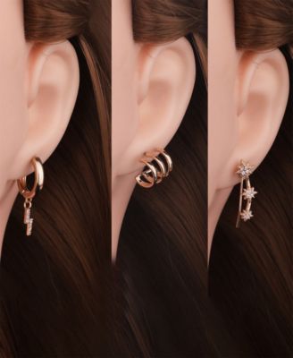 Crystal Stones with Gold-Tone Ear Cuff, Crawler and Hoop trio Earrings Set, 6 pieces