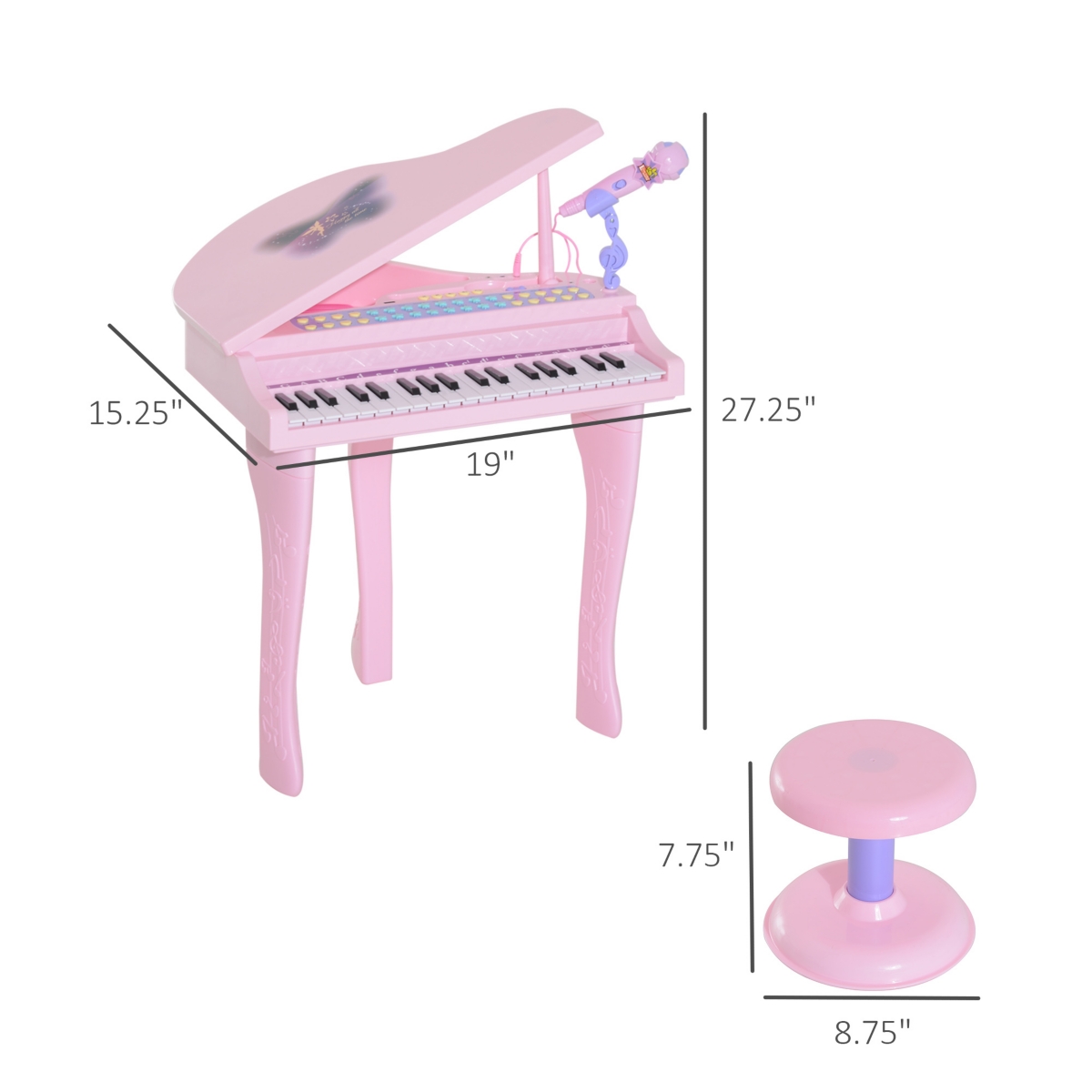 Qaba Kids Play Piano Electronic Keyboard Toy W/ Stool & Microphone- Pink