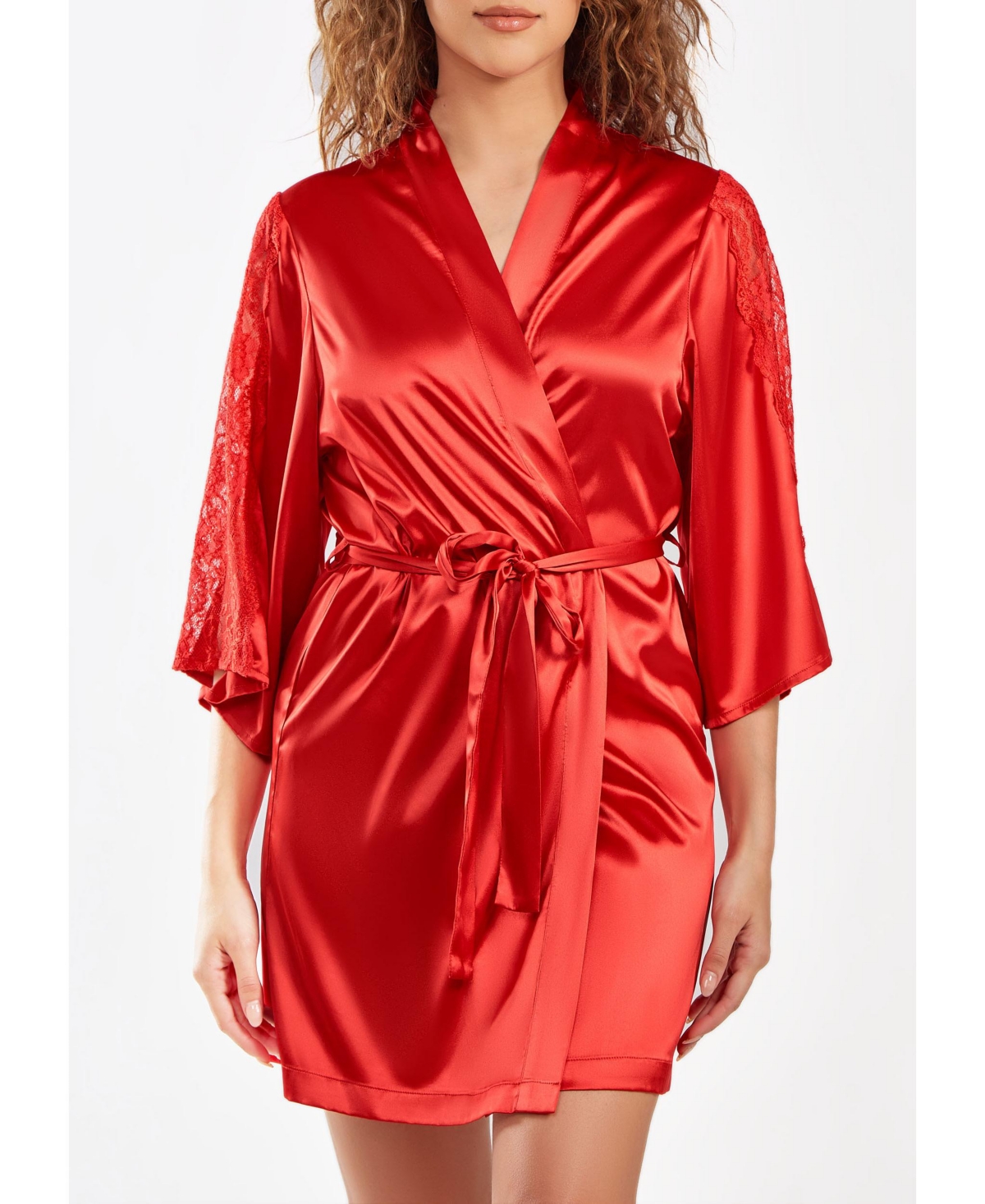 Shop Icollection Women's Milena Satin And Lace Robe With Self Tie Sash In Red