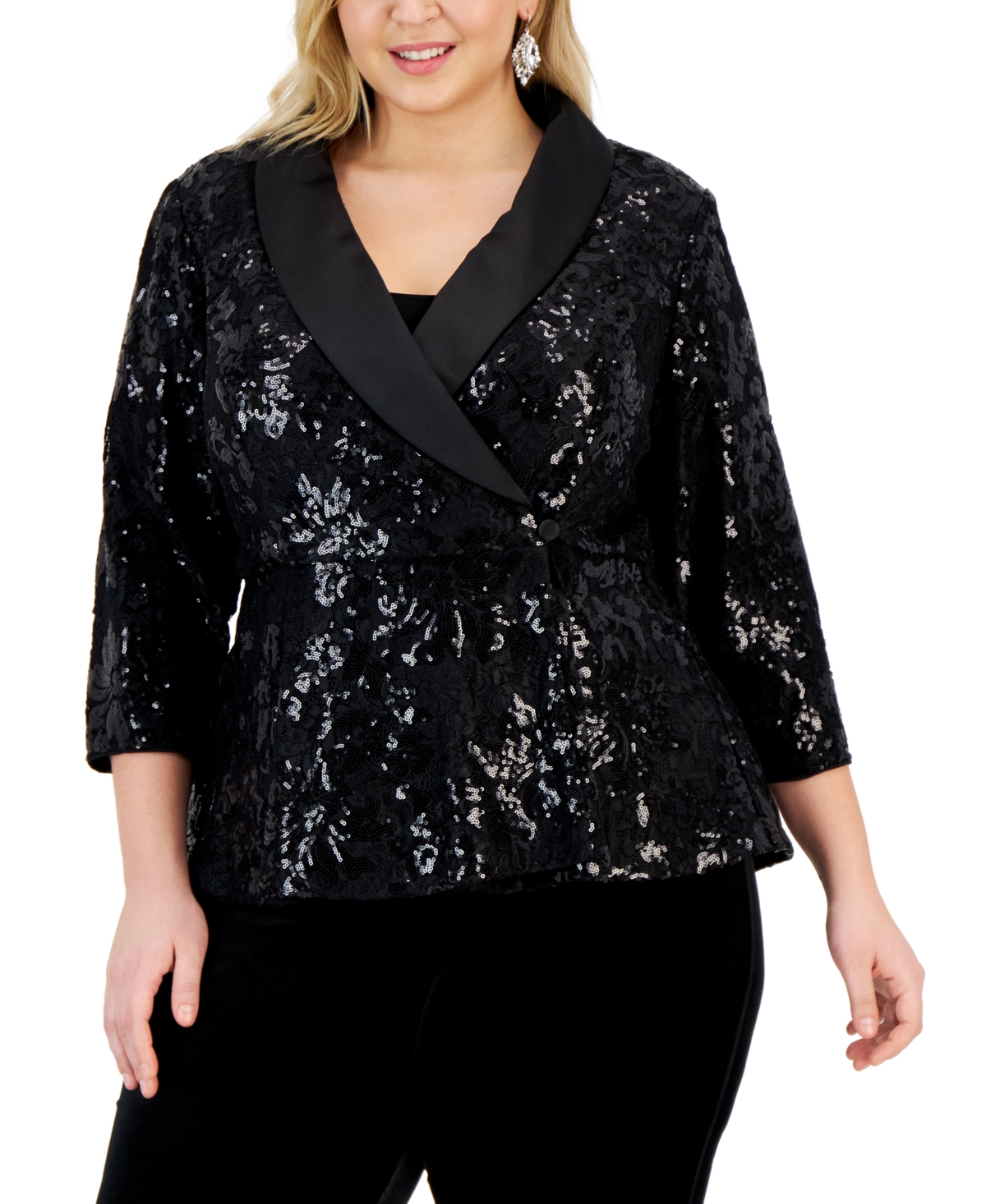 Alex Evenings Plus Size Sequin 3/4-sleeve Peplum Top In Black