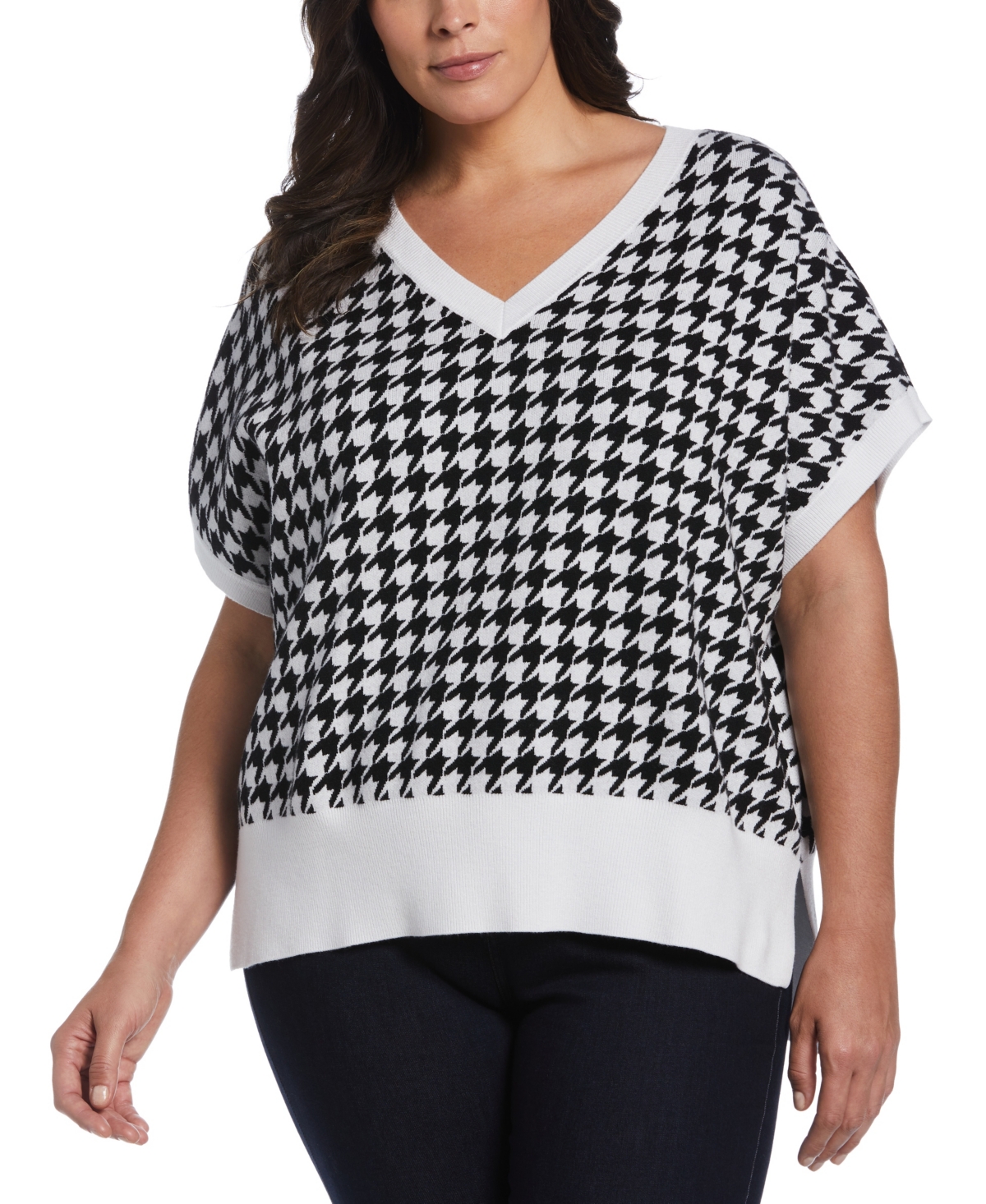 Plus Size Houndstooth Vest Sweater - Black