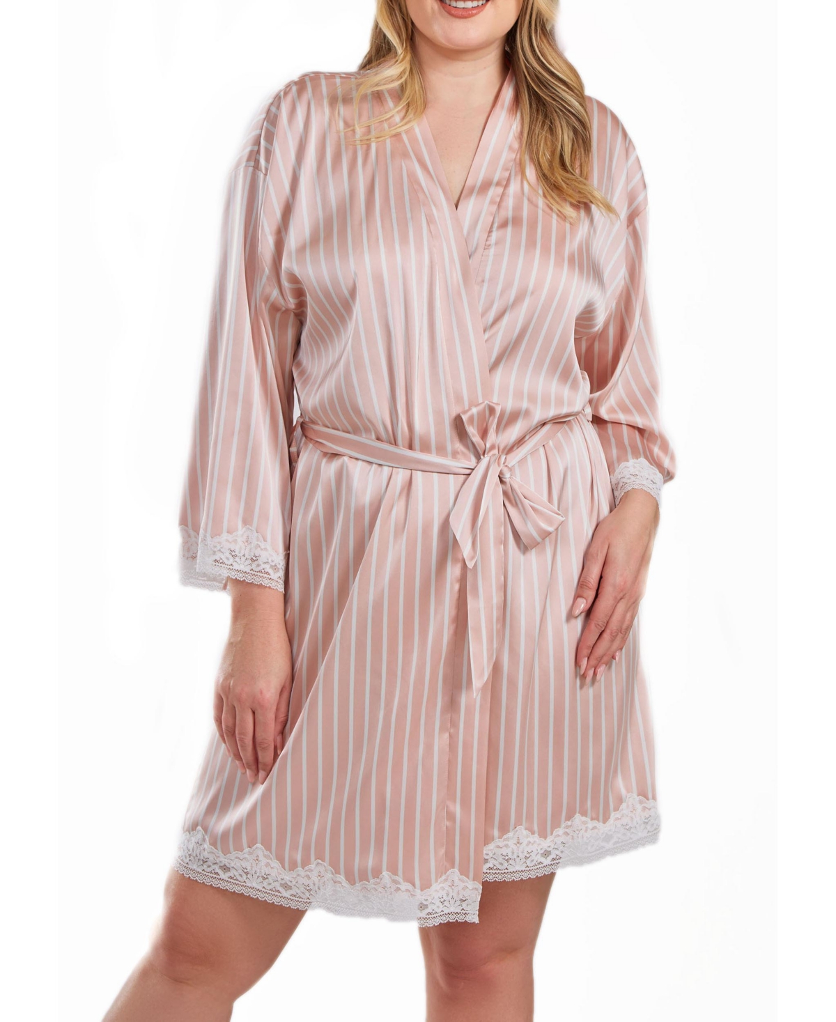Shop Icollection Brillow Plus Size Satin Striped Robe With Self Tie Sash And Trimmed In Lace In Pink