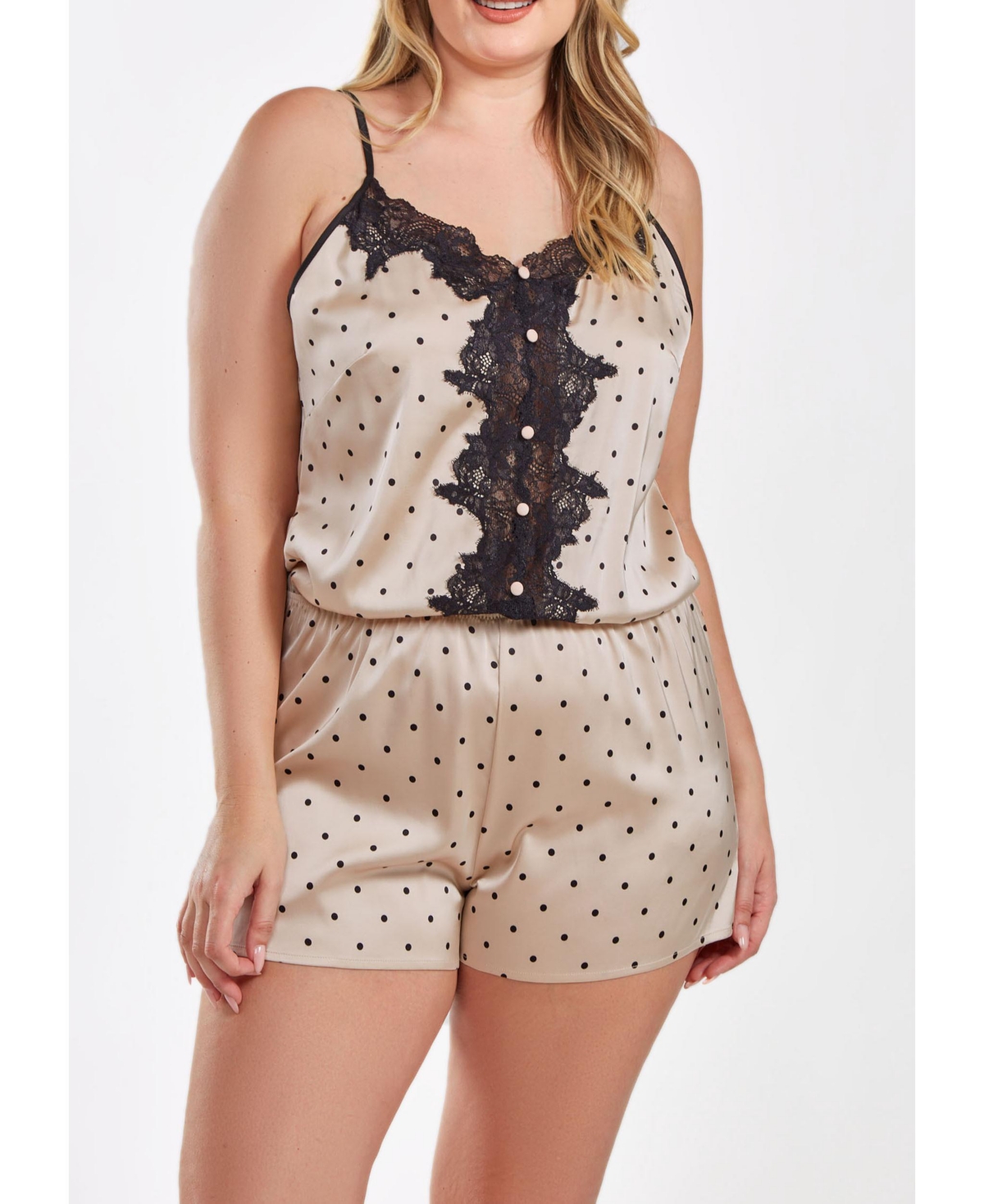 Shop Icollection Kareen Plus Size Dotted Satin Romper With Button Down Lace Overlay In Beige