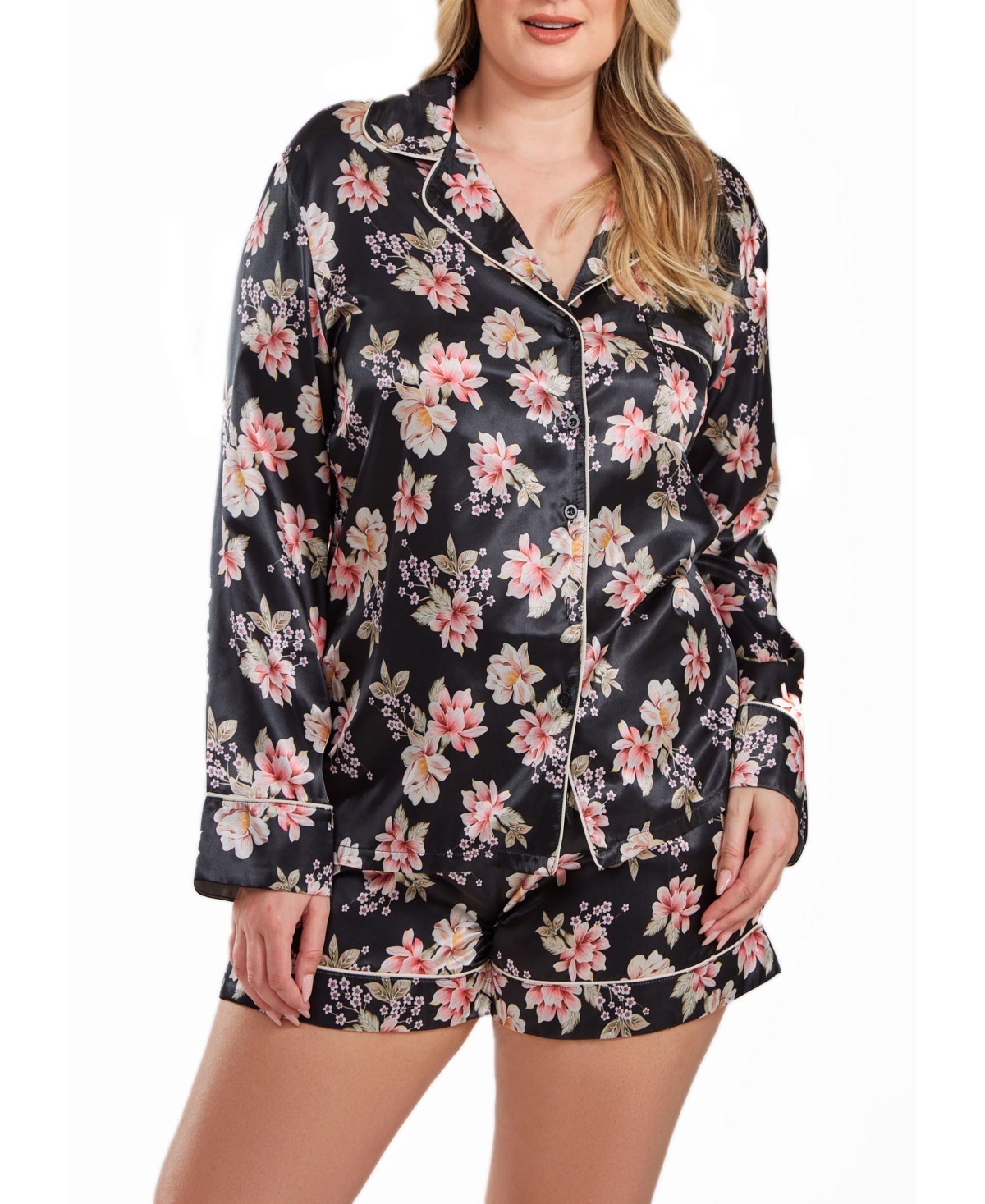 Icollection Cyrus Plus Size Floral Satin Pajama Short Set With Cuff Detail, 2 Piece In Multi-black