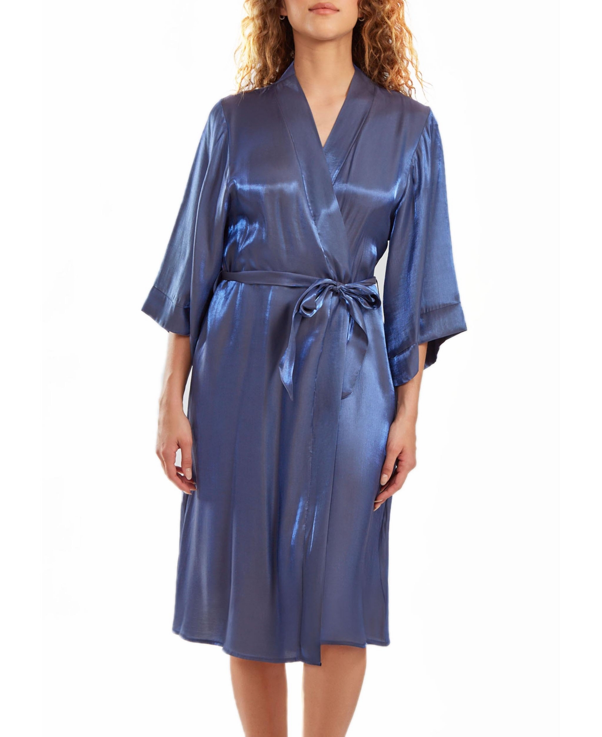 Icollection Skyler Plus Size Irredesant Robe With Self Tie Sash And Inner Ties In Blue
