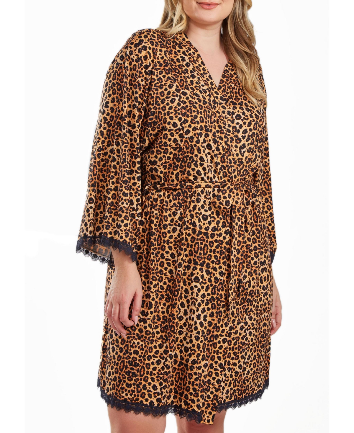 Icollection Chiya Plus Size Leopard Robe With Self Tie Sash And Lace Trimed Hemlines