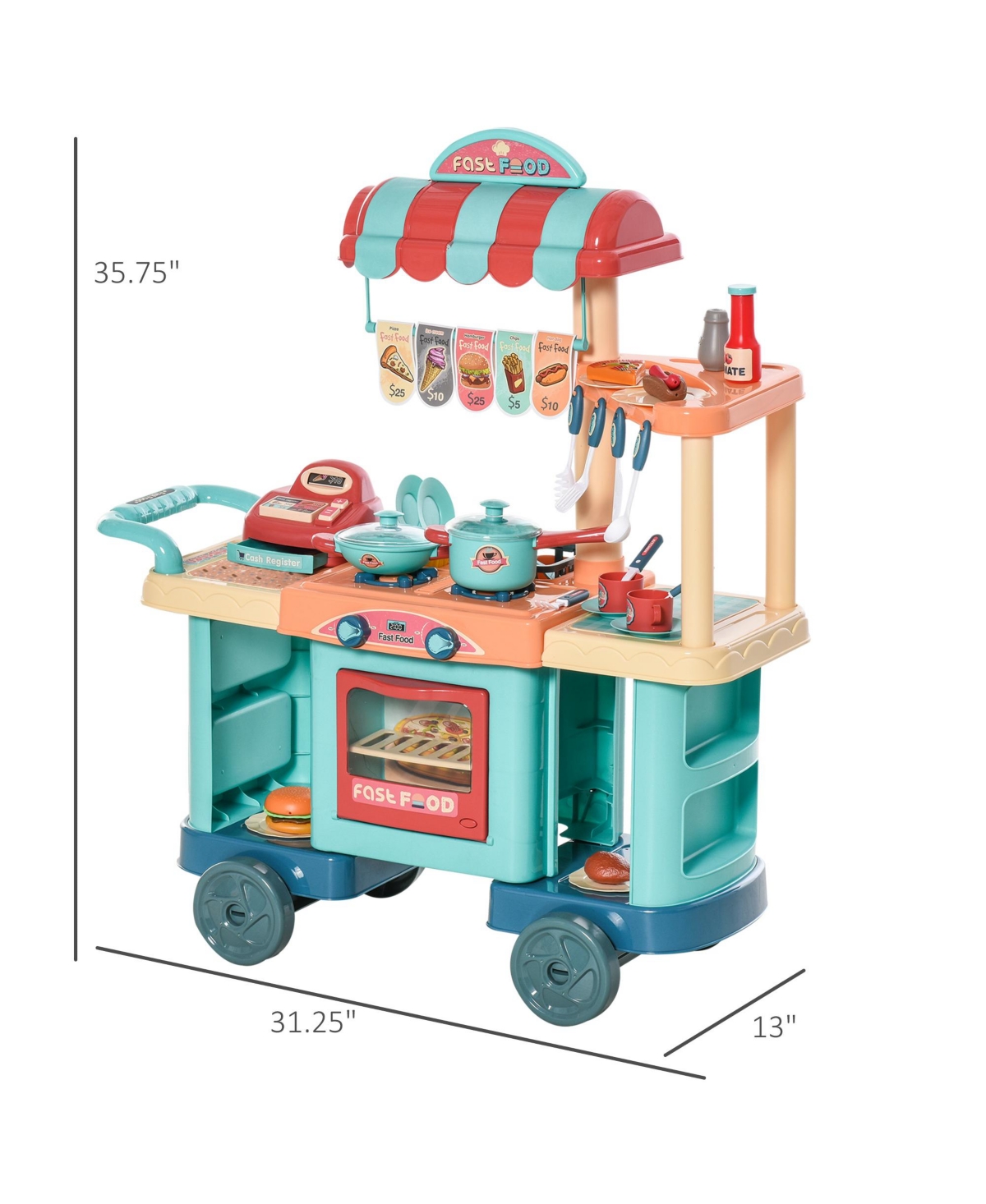 Qaba Kids Kitchen with Cash Register, Play Food, Wheels for kids 3-6