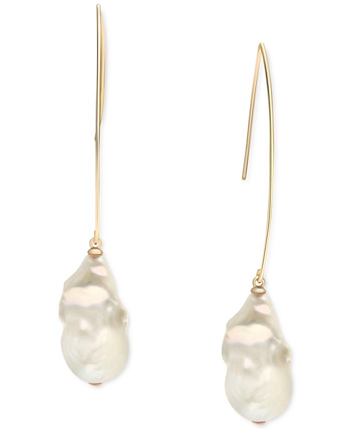 Macy's Cultured Freshwater Pearl (13mm) Drop Earrings Set in 14k Gold ...