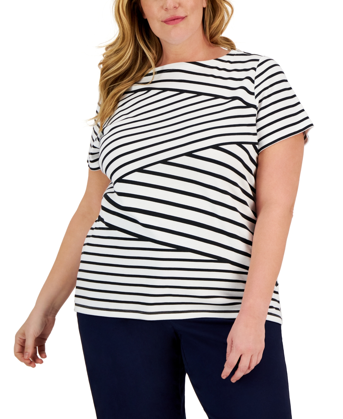 KAREN SCOTT PLUS SIZE CALLIE ASYMMETRIC STRIPED TOP, CREATED FOR MACY'S