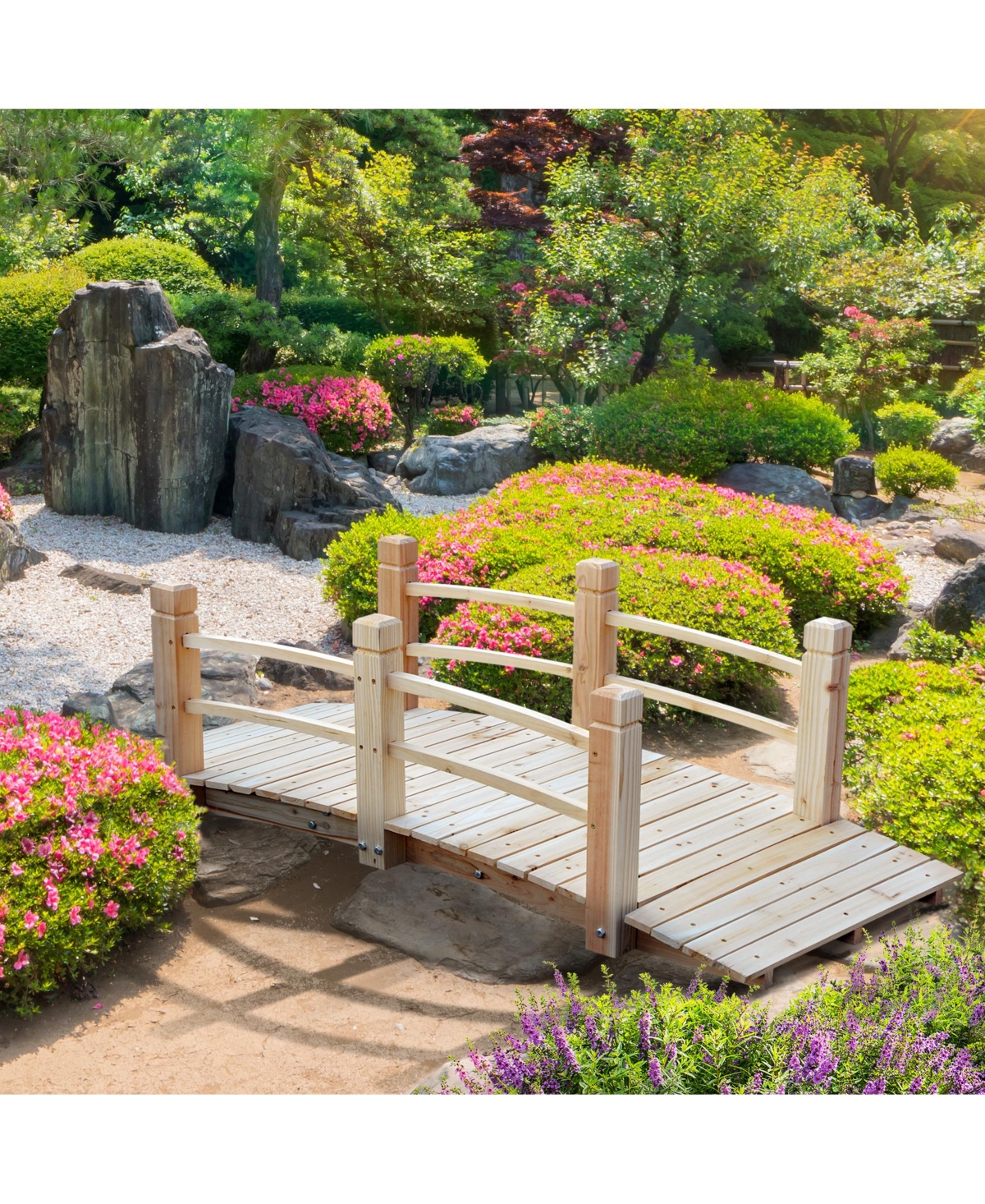 Outsunny Garden Bridge Yard Wooden Arc Outdoor Pond w/ Railings- Natural