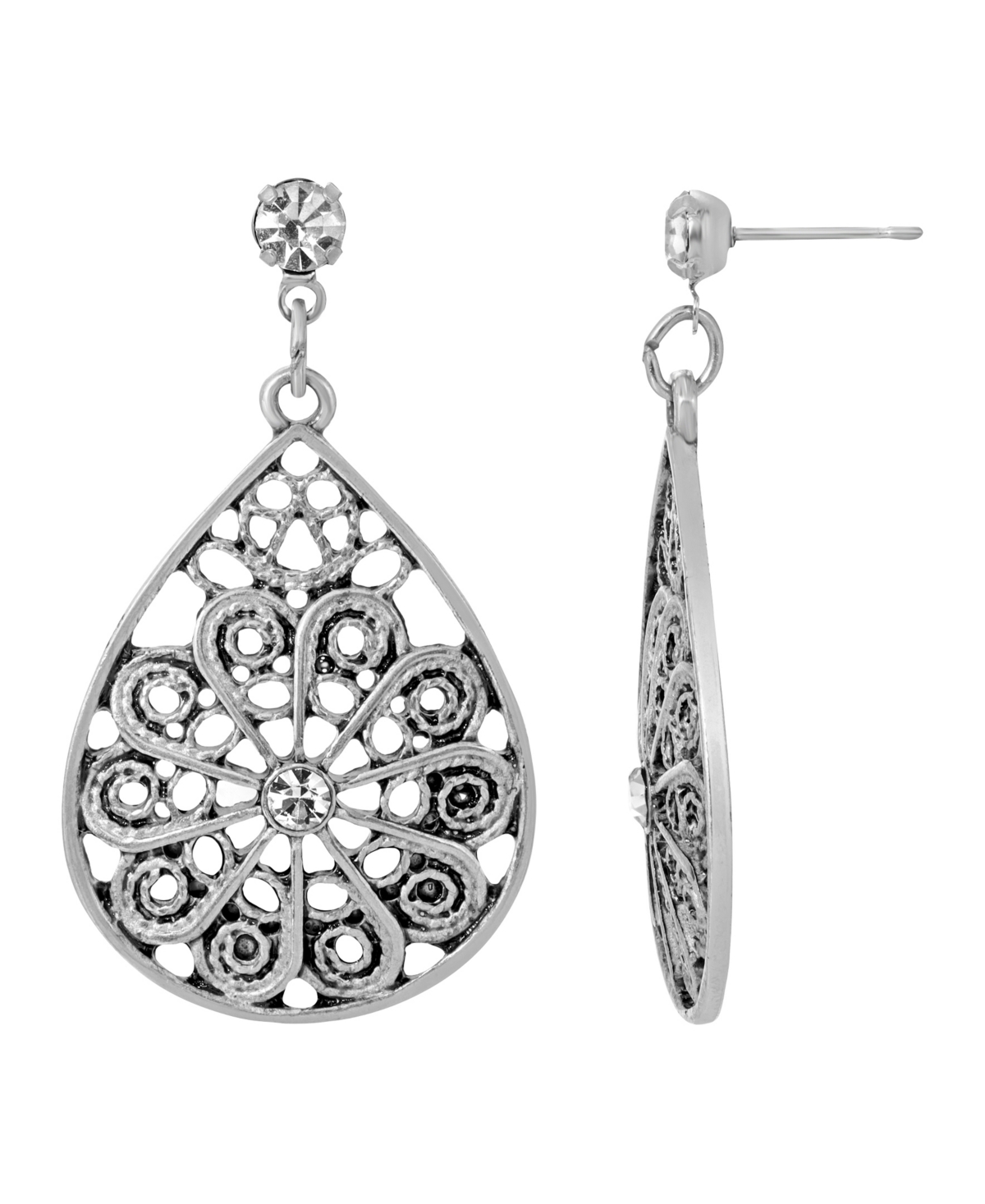 2028 Silver-tone Oval Filigree Earrings In White
