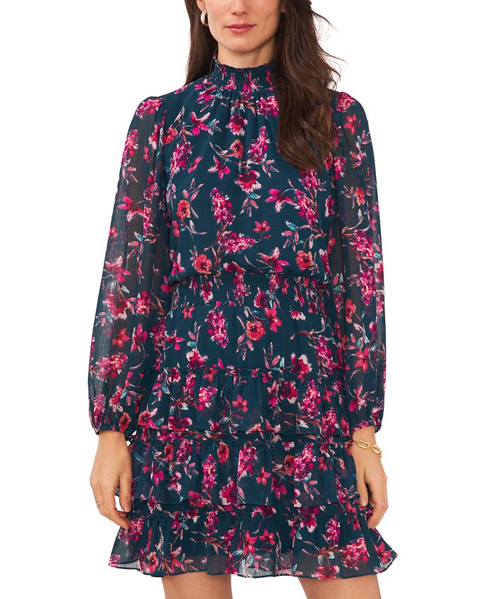 MSK Women's High-Neck Printed-Chiffon Long-Sleeve Dress - Macy's