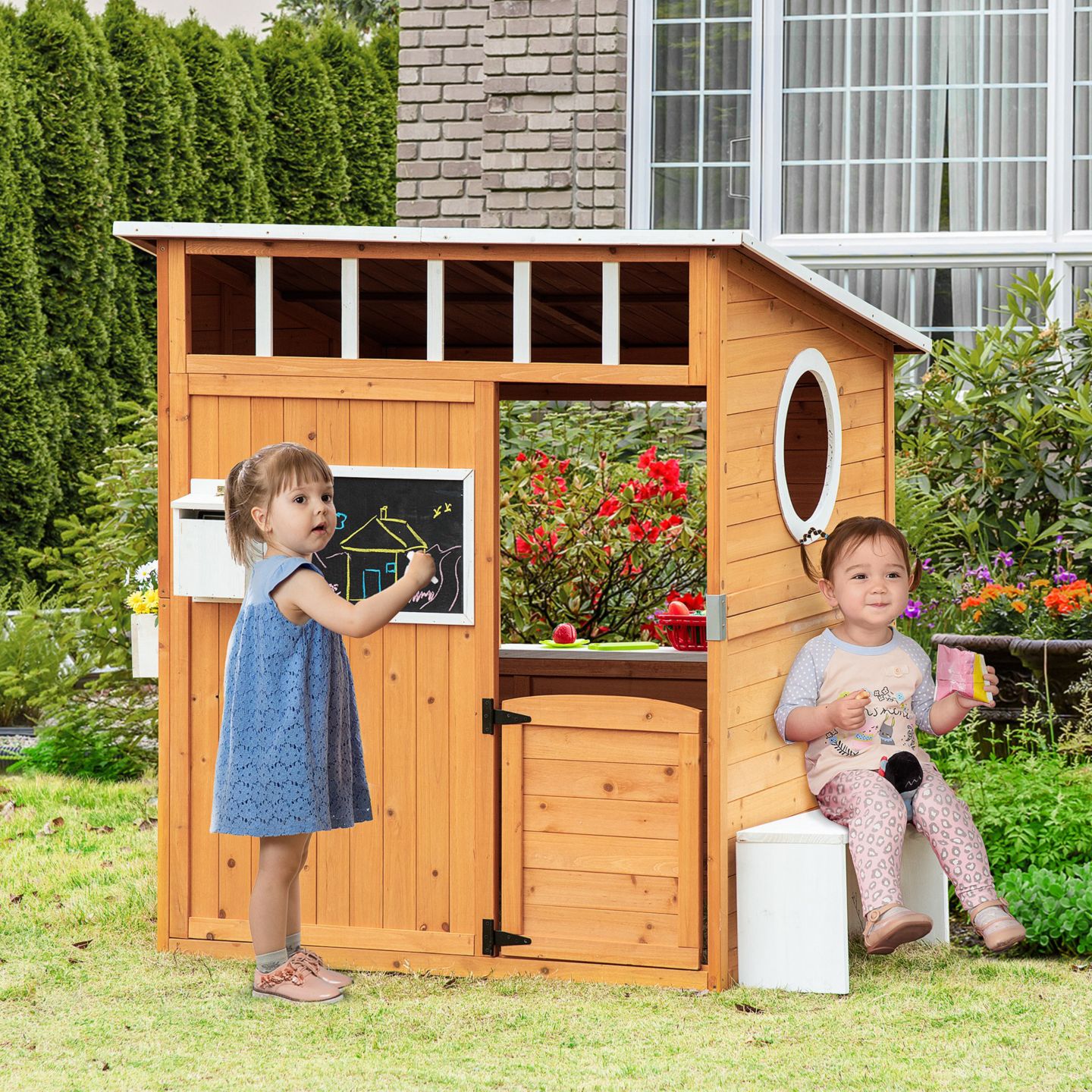 Детские игрушки Outsunny Garden Cottage Outdoor Wooden Playhouse, 6-Piece Set, Ages 3+ — фото 9