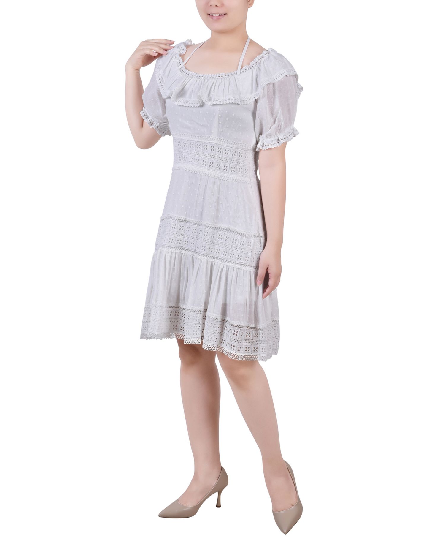 Petite Short Sleeve Ruffle Neck Dress