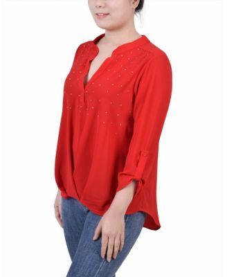 Petite 3/4 Sleeve Mandarin Collar Blouse with Front Pleats