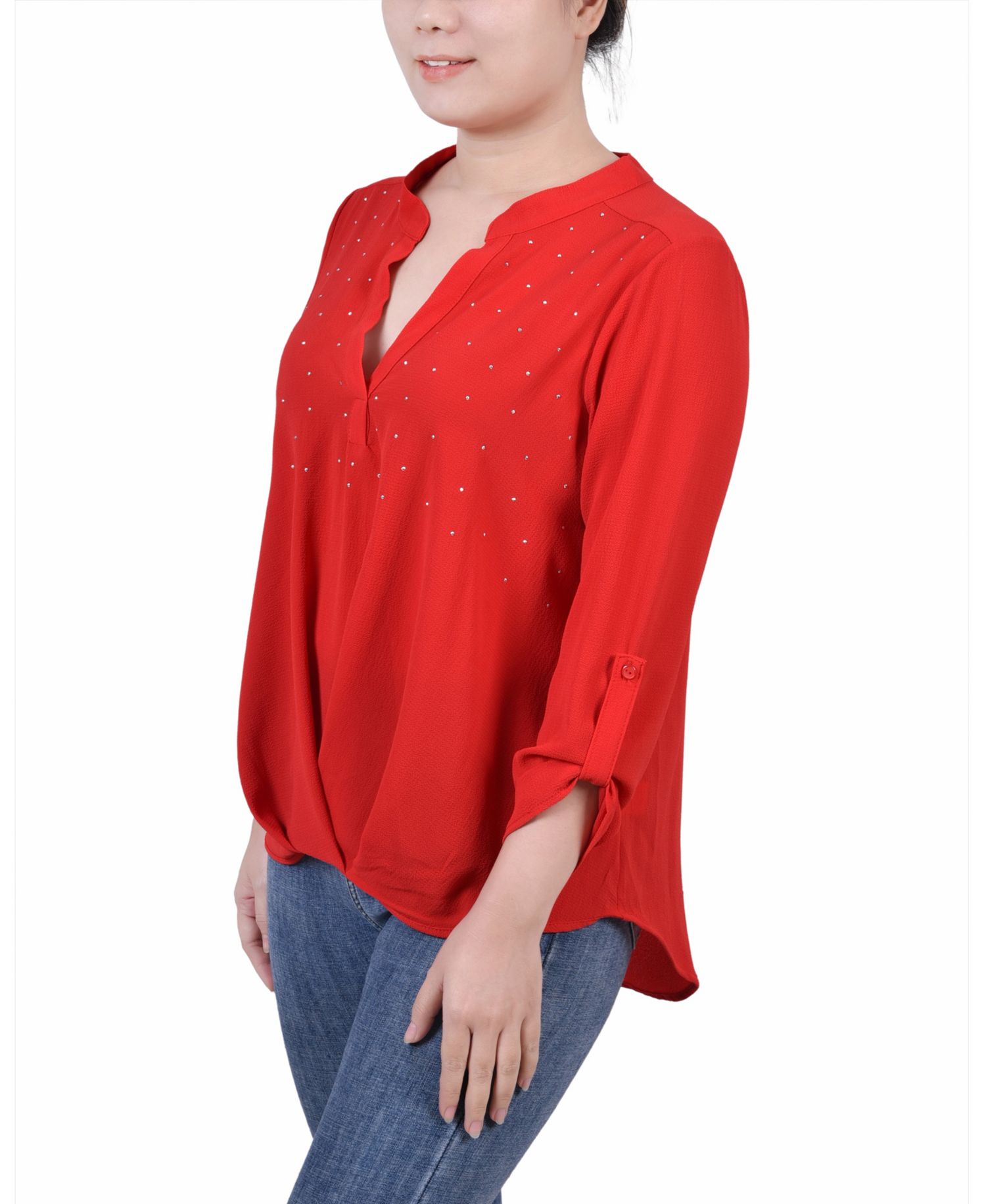 Petite 3/4 Sleeve Mandarin Collar Blouse with Front Pleats