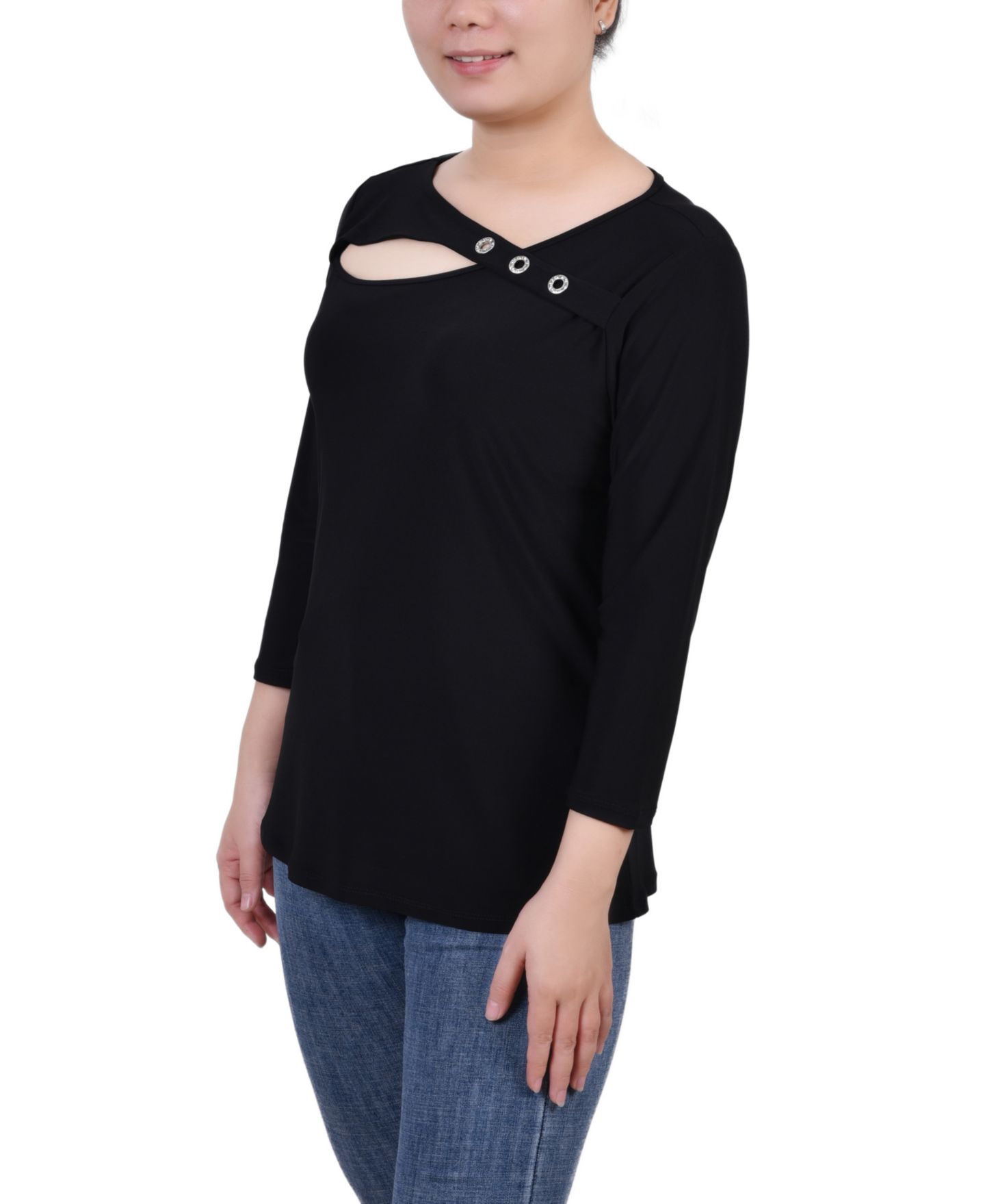 Женский топ NY Collection Petite 3/4 Sleeve Cutout, цвет: Чёрный — фото 3