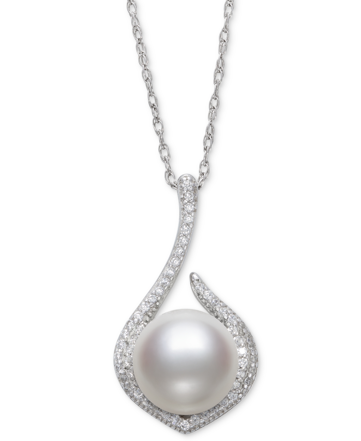 Belle De Mer Cultured Freshwater Button Pearl (10mm) & Cubic Zirconia 18" Pendant Necklace In Sterli In Sterling Silver