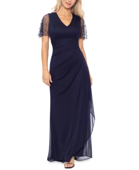 Petite Embellished V-Neck Fit & Flare Gown - Navy Gunmetal