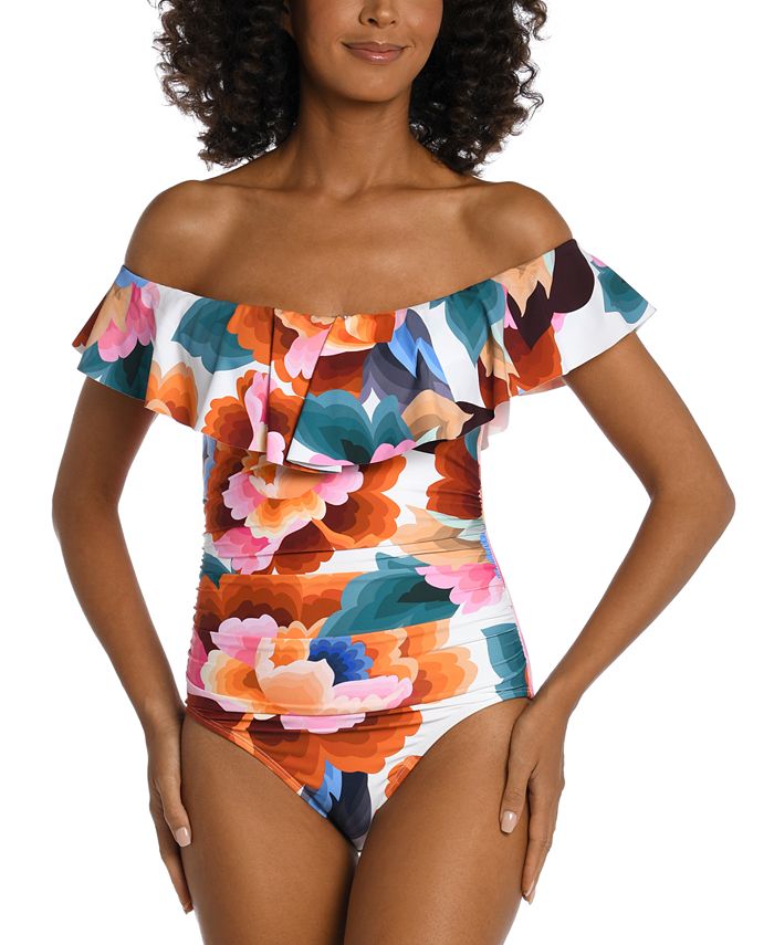 La Blanca - Women's Floral Rhythm Off-The-Shoulder Ruffle-Trim One-Piece Swimsuit