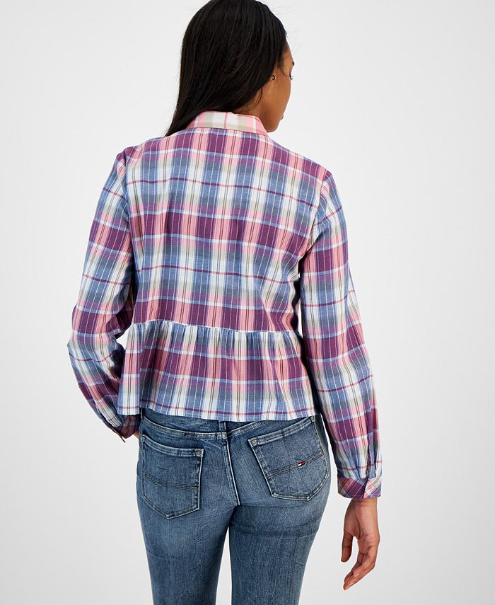 Tommy Jeans Women's Cotton Collared Plaid Peplum Shirt Macy's