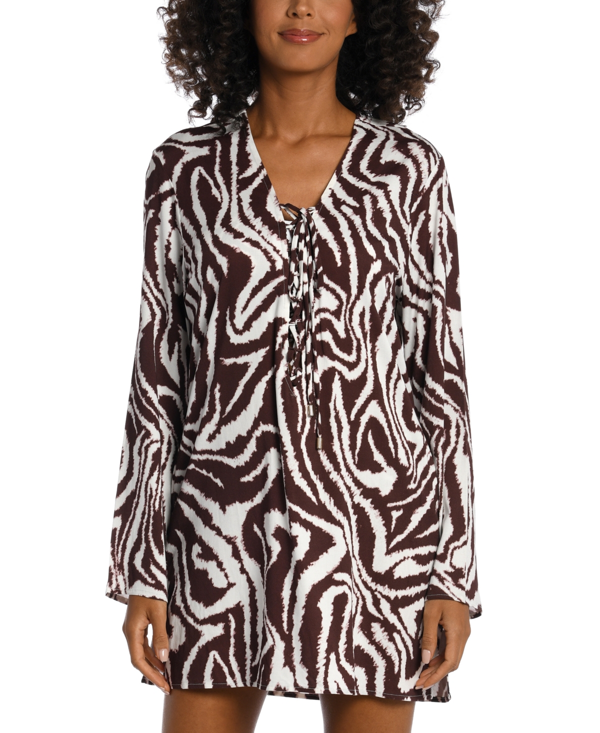 La Blanca Fierce Lace-up Caftan Coverup In Zebra Print / Java