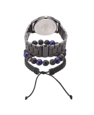 Men's Quartz Movement Shiny Gunmetal Bracelet Analog Watch, 45mm with Stackable Bracelet Set and Zippered Travel Pouch