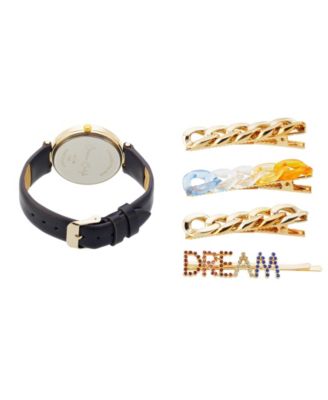 Jessica Carlye Women's Quartz Movement Black Leather Strap Analog Watch, 38mm with Hair Pin Set