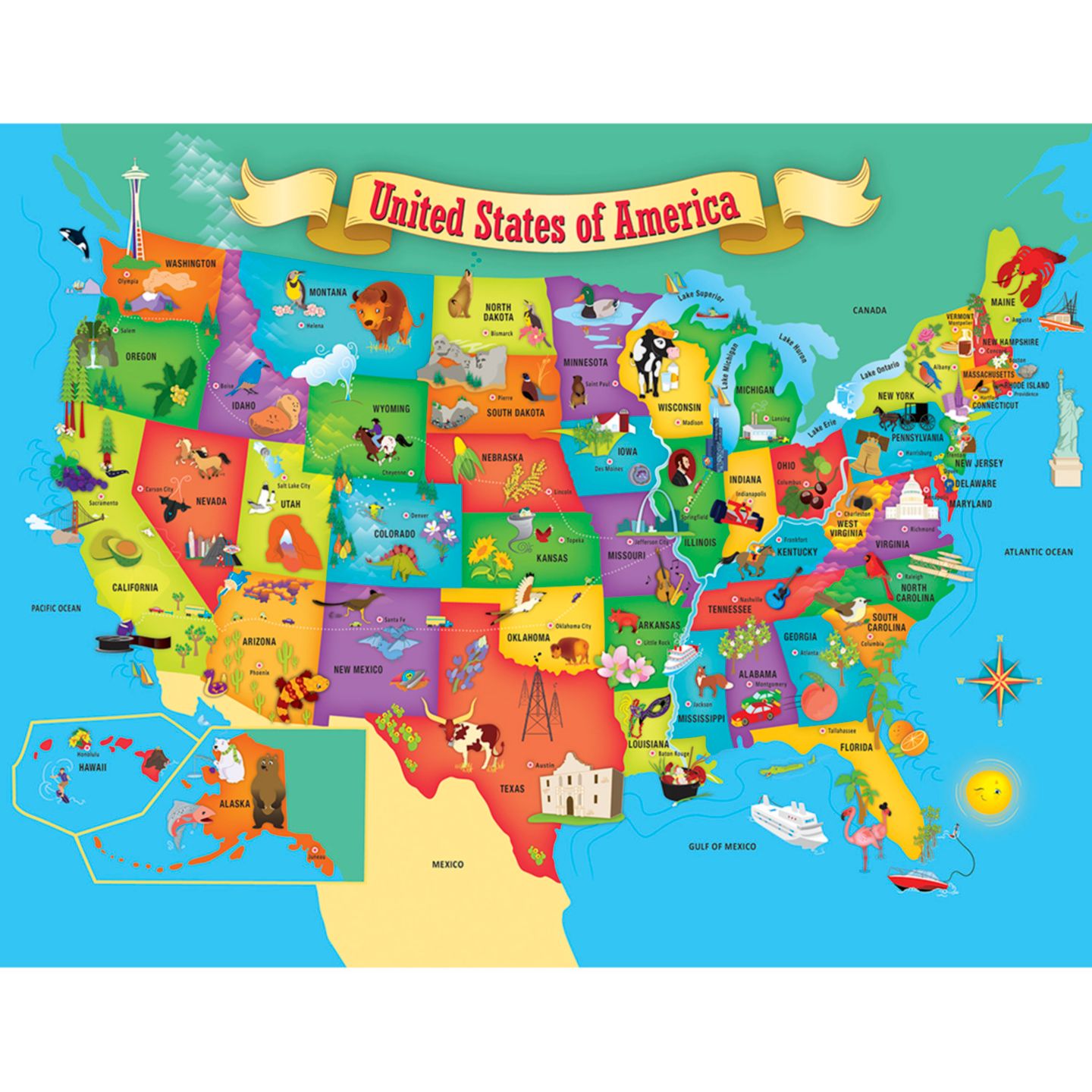 Детские игрушки MasterPieces Puzzles Explorers - USA Map with State Shaped pieces 60 Piece Kids Puzzle, цвет: Разноцветный — фото 2