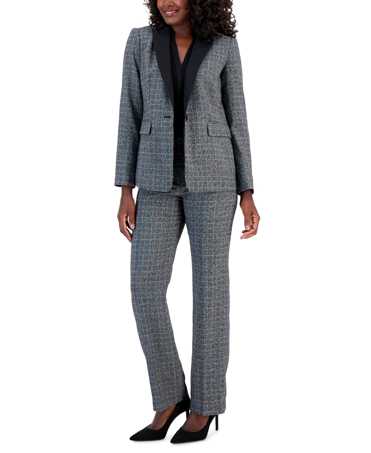 Le Suit Women's Plaid One-button Contrast-collar Pantsuit, Regular & Petite Sizes In Black