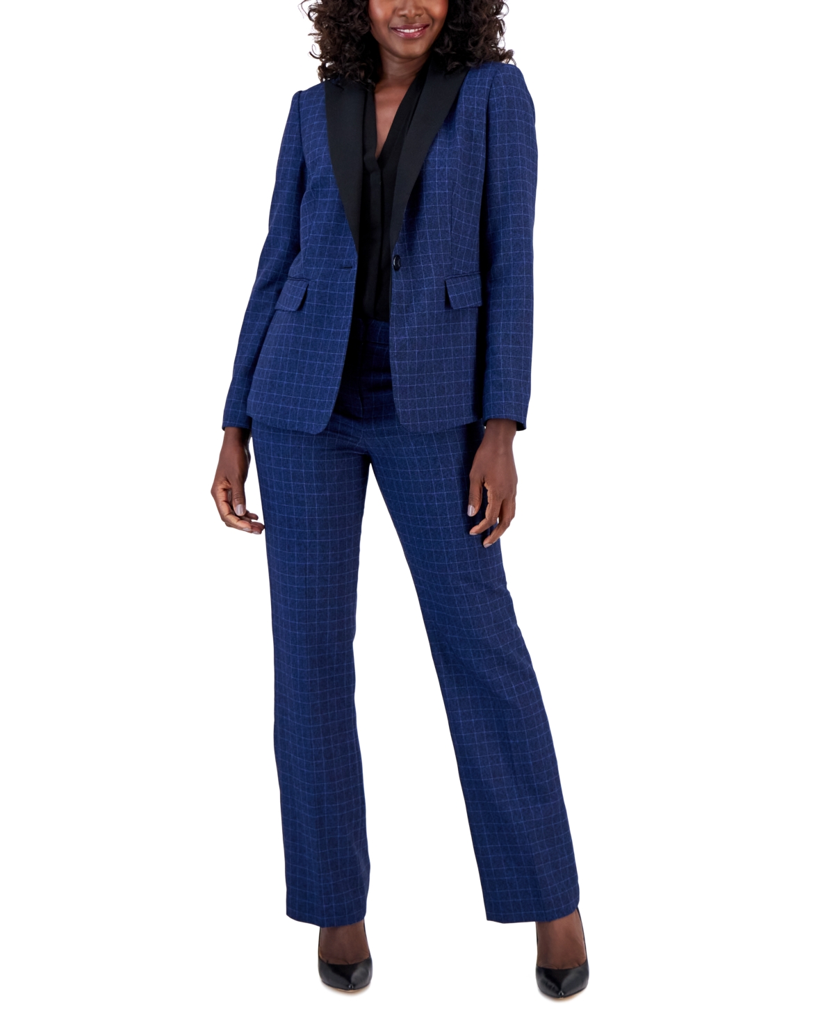 Le Suit Women's Plaid One-button Contrast-collar Pantsuit, Regular & Petite Sizes In Blue