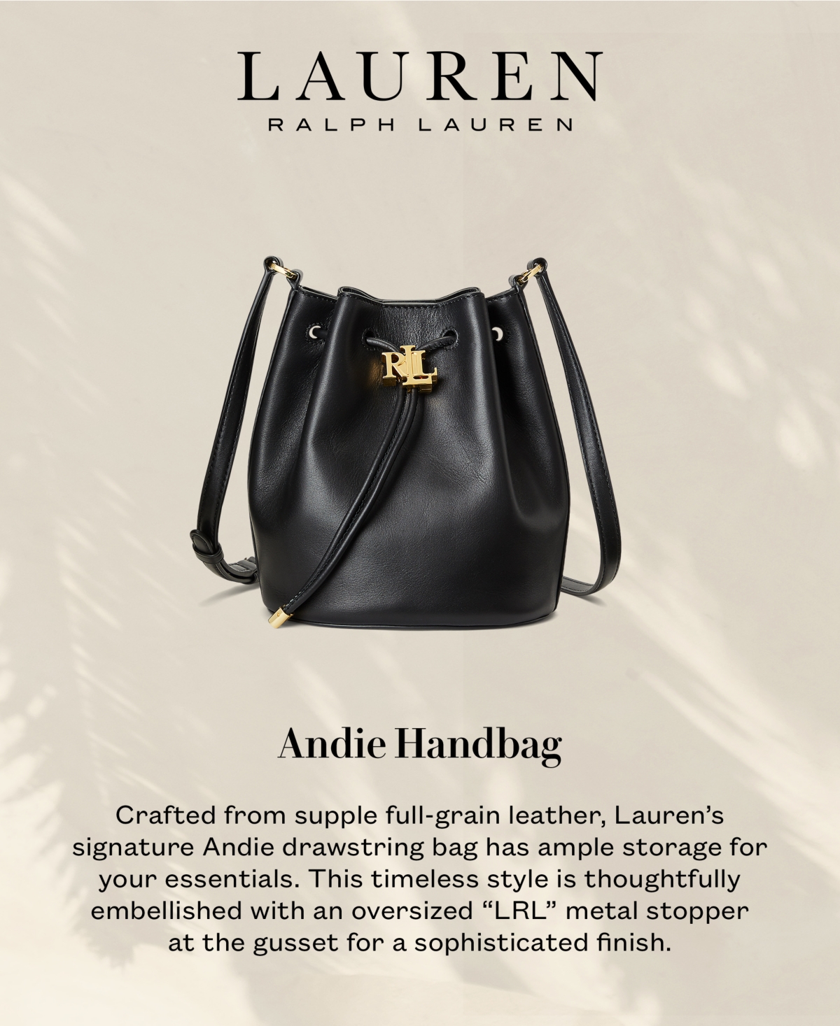 Shop Lauren Ralph Lauren Women's Smooth Leather Medium Andie Drawstring Bag In Black