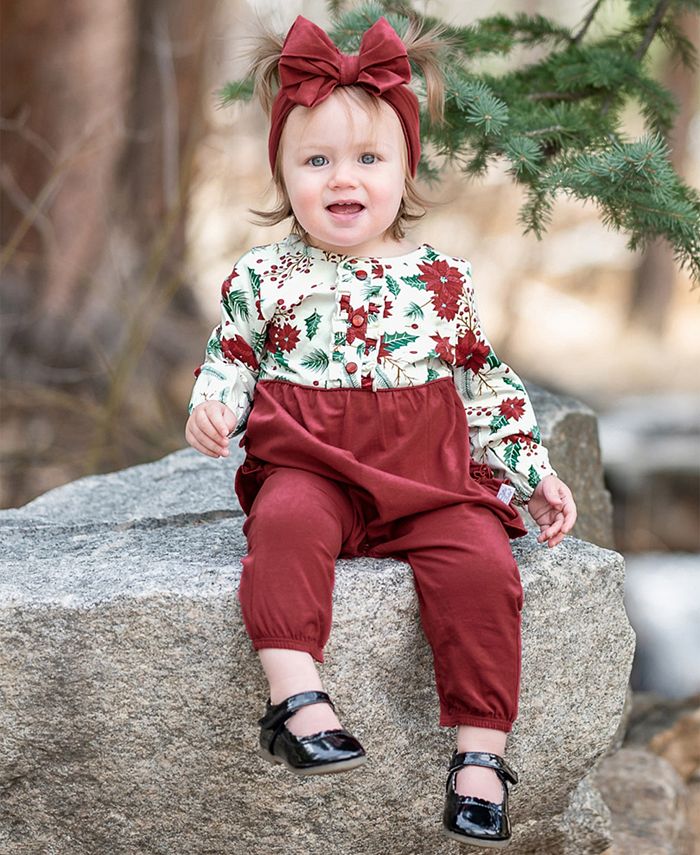 RuffleButts Baby Girls Merry Bright Holiday Romper Bow, 2 Piece Set