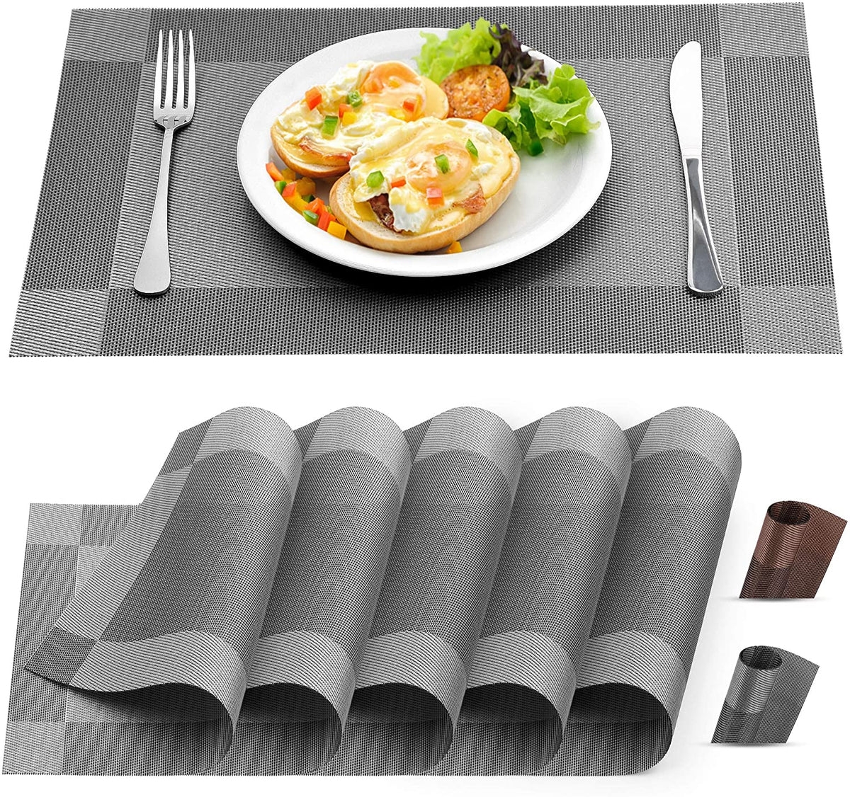 Vinyl Woven Placemats for Dining Table Set of 6 - Brown