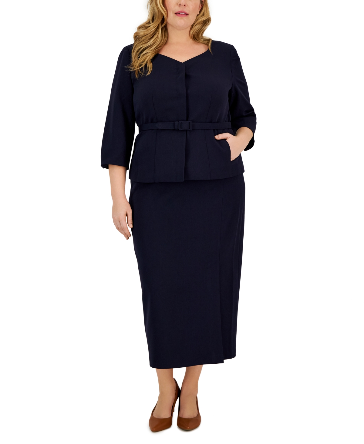 Le Suit Plus Size Collarless Belted Jacket And Column Skirt Suit In Blue