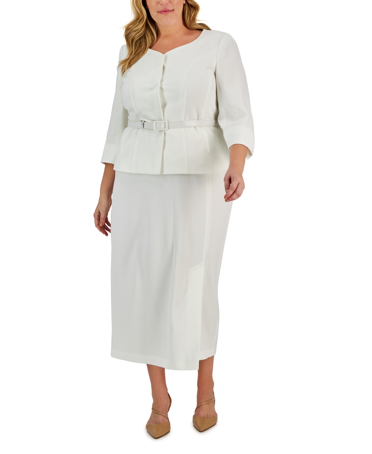 Le Suit Plus Size Collarless Belted Jacket And Column Skirt Suit In White