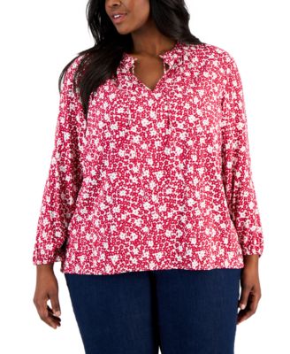 Tommy Hilfiger - Plus Size Ruffled Tie-Neck Floral Peasant Top