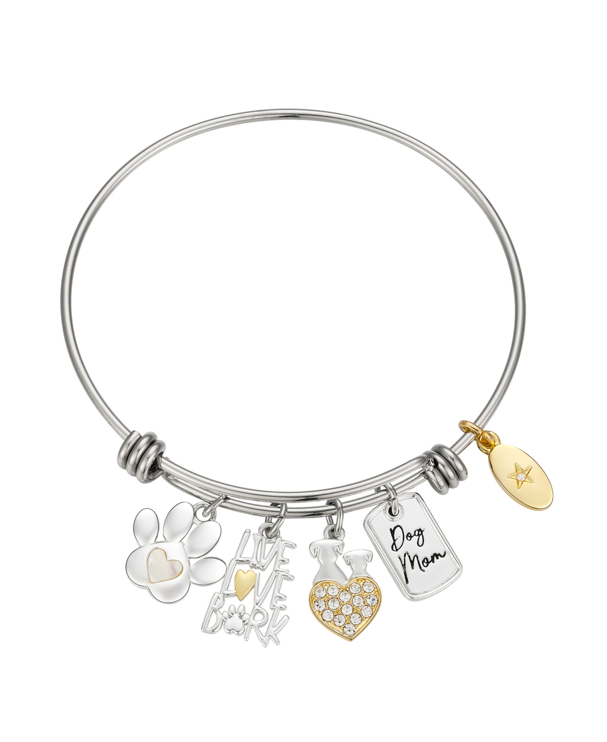Unwritten 14K Gold Two Tone Flash Plated Crystal Live Love Bark Dog Mom Multi Charm Bangle Bracelet Yellow Smart Closet