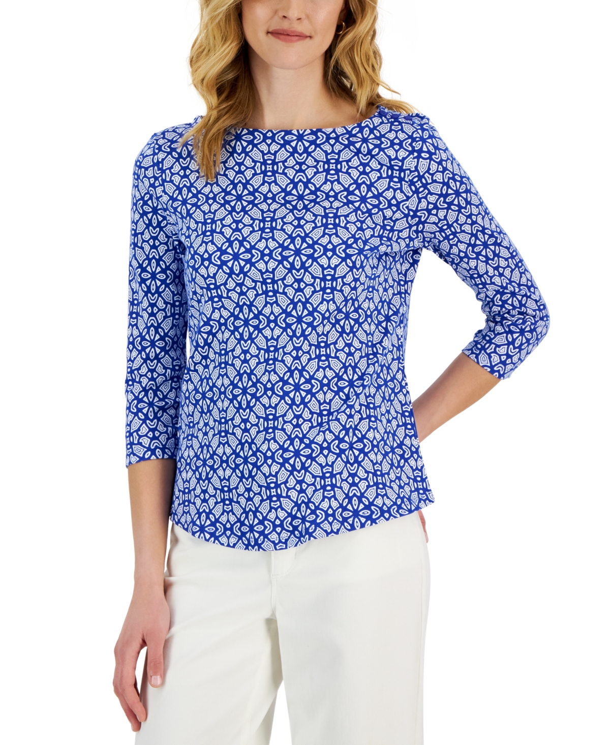 Charter Club Women's 3/4-Sleeve Medallion Boat-Neck Top, Created for Macy's