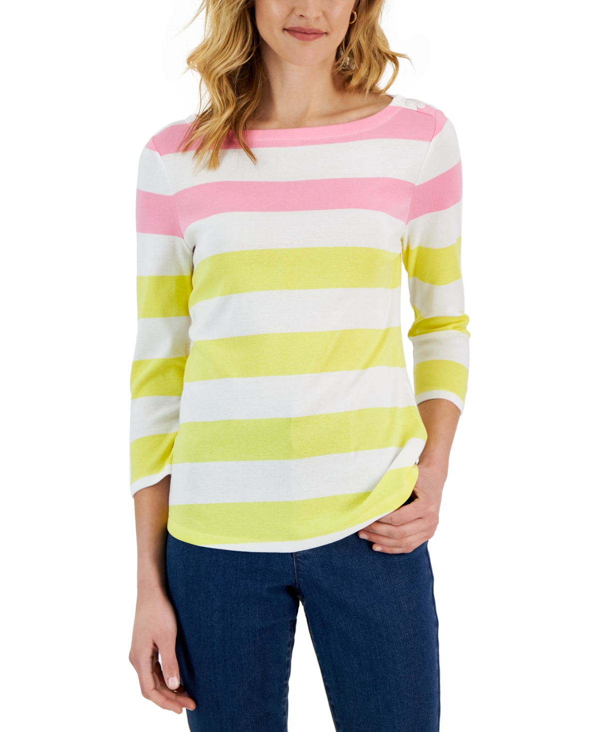 Charter Club Women's Striped Boat-Neck 3/4-Sleeve Top, Created for Macy's
