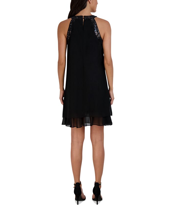 Robbie Bee Women's Bow Neck Tiered Hem Trapeze Dress Black Size 8 Petite