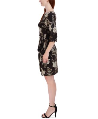 Plus Size Floral-Print Side-Knot 3/4-Sleeve Sheath Dress