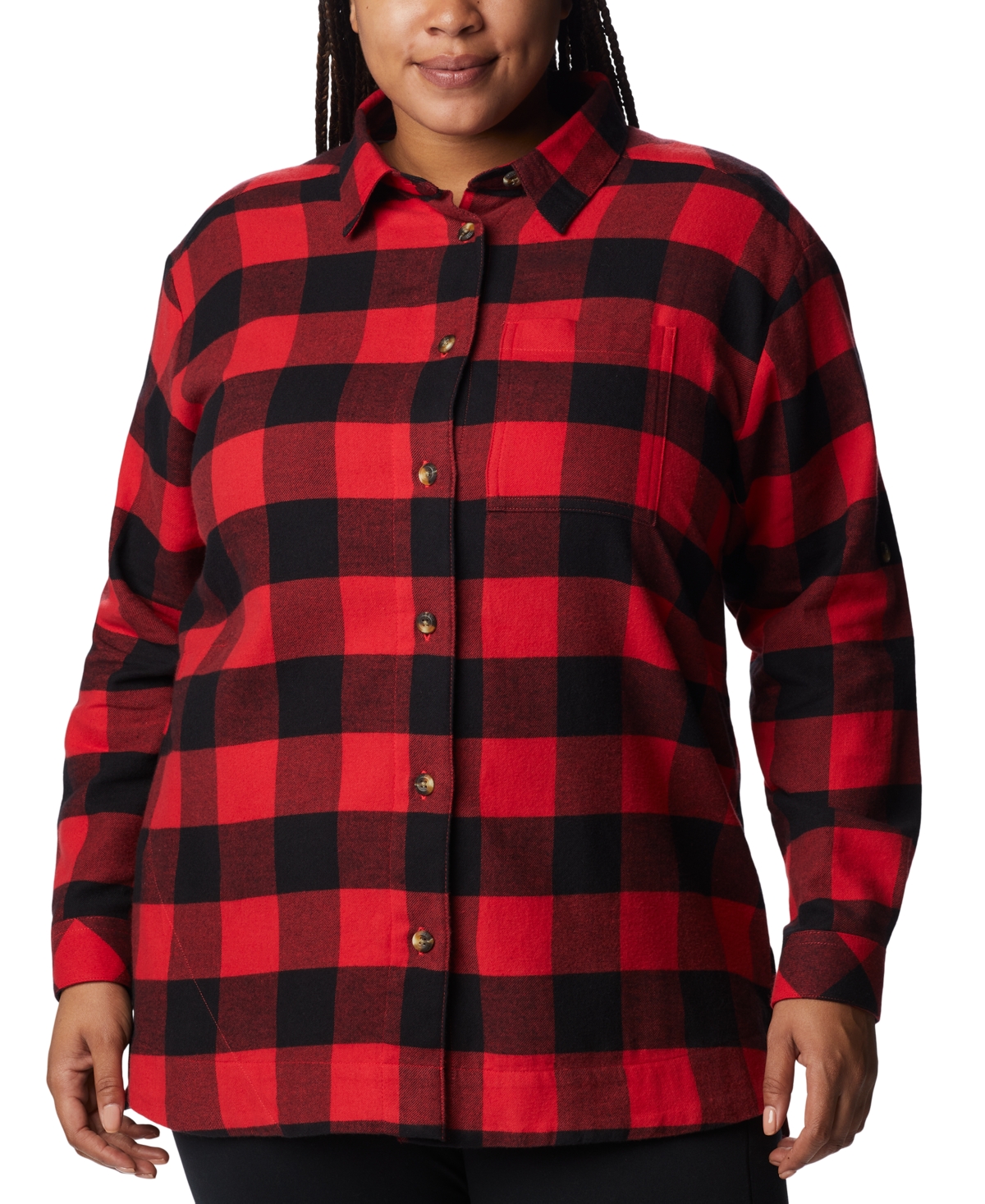 COLUMBIA PLUS SIZE HOLLY HIDEAWAY COTTON CHECKED FLANNEL TUNIC SHIRT